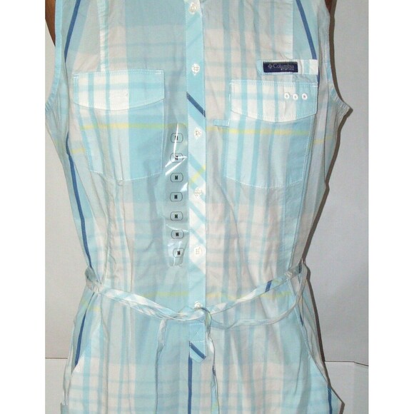 NWT New Womens Columbia White Blue Plaid Dress PFG M Slits Pockets Cotton Logo - Picture 4 of 9